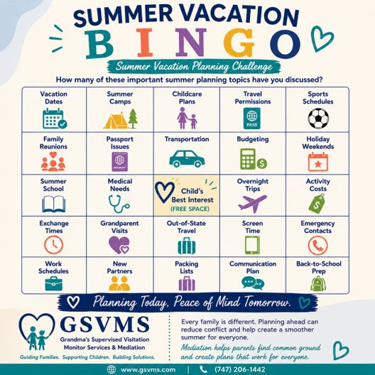 GSVMS Summer Vacation Co-Parenting Bingo card designed to help families discuss vacation schedules, travel plans, camps, childcare, transportation, budgeting, and other important summer parenting decisions.