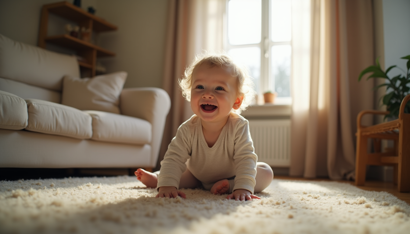 Eye-level view of a child playing happily in a cozy living room