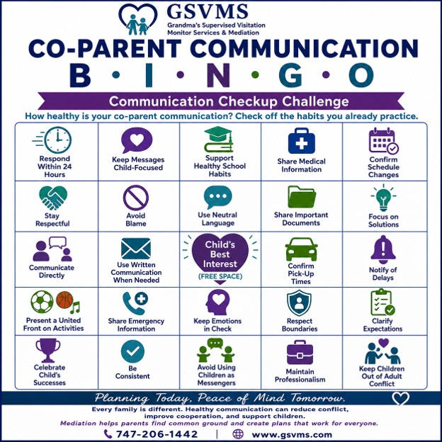 Co-Parent Communication BINGO card with prompts about respectful communication, schedule changes, sharing information, boundaries, and reducing conflict.