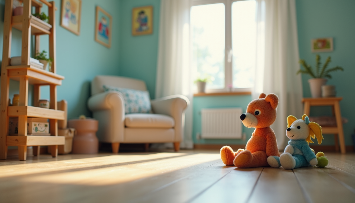 Close-up view of a visitation room with toys and a comfortable seating area