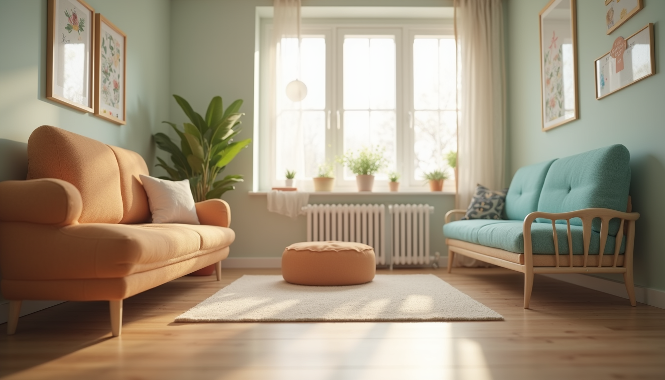 Eye-level view of a cozy visitation room with child-friendly furniture