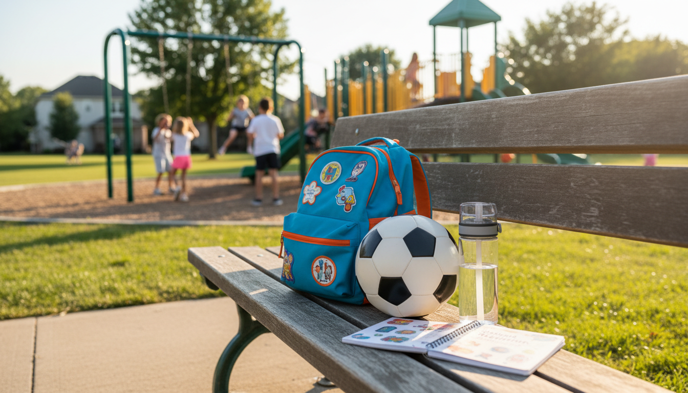 Wide-angle view of a playground bench with a backpack, soccer ball, and shared parenting notebook.
