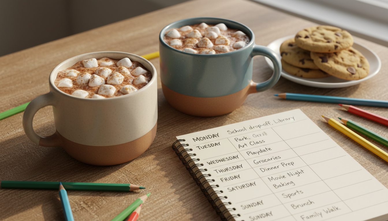 Close-up view of two mugs of cocoa beside a notepad with a simple weekly parenting schedule.
