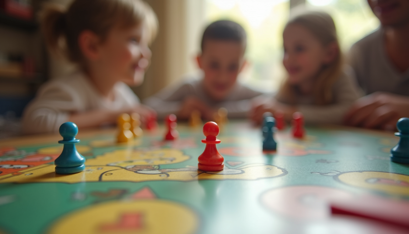 Close-up of a family board game on a table with colorful pieces