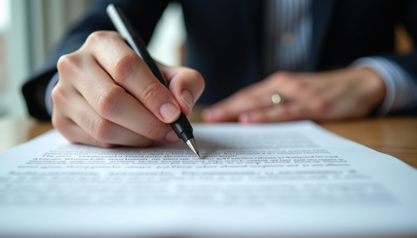 Close-up view of a mediator’s hands holding a pen over a family agreement document