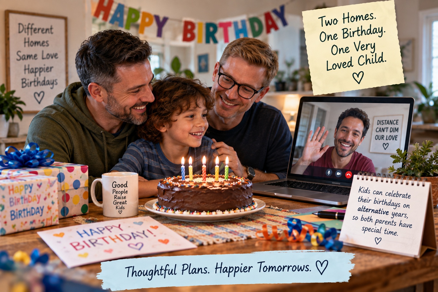 Child celebrating a birthday at home with two fathers while another parent joins by video call, illustrating birthday parenting-time planning between households.