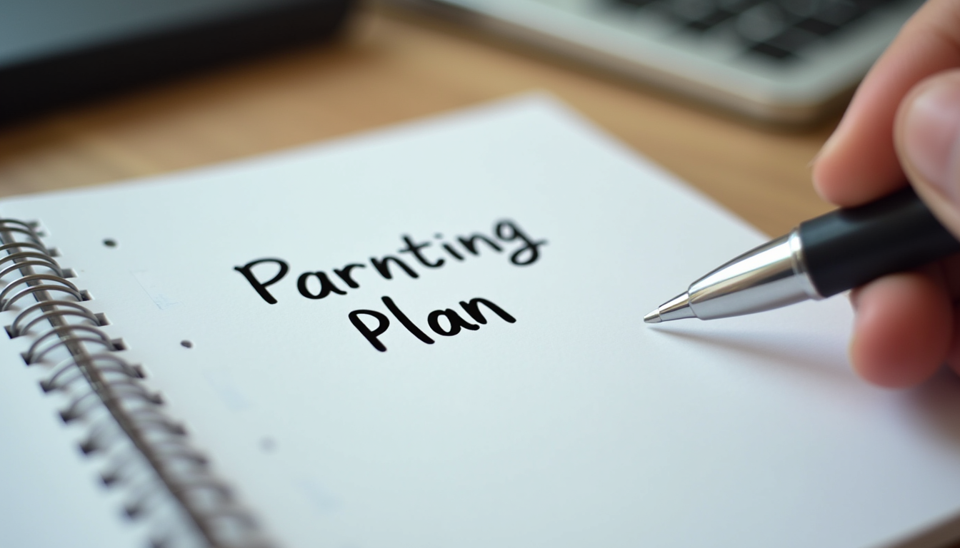 Close-up view of a notebook with a written parenting plan and a pen