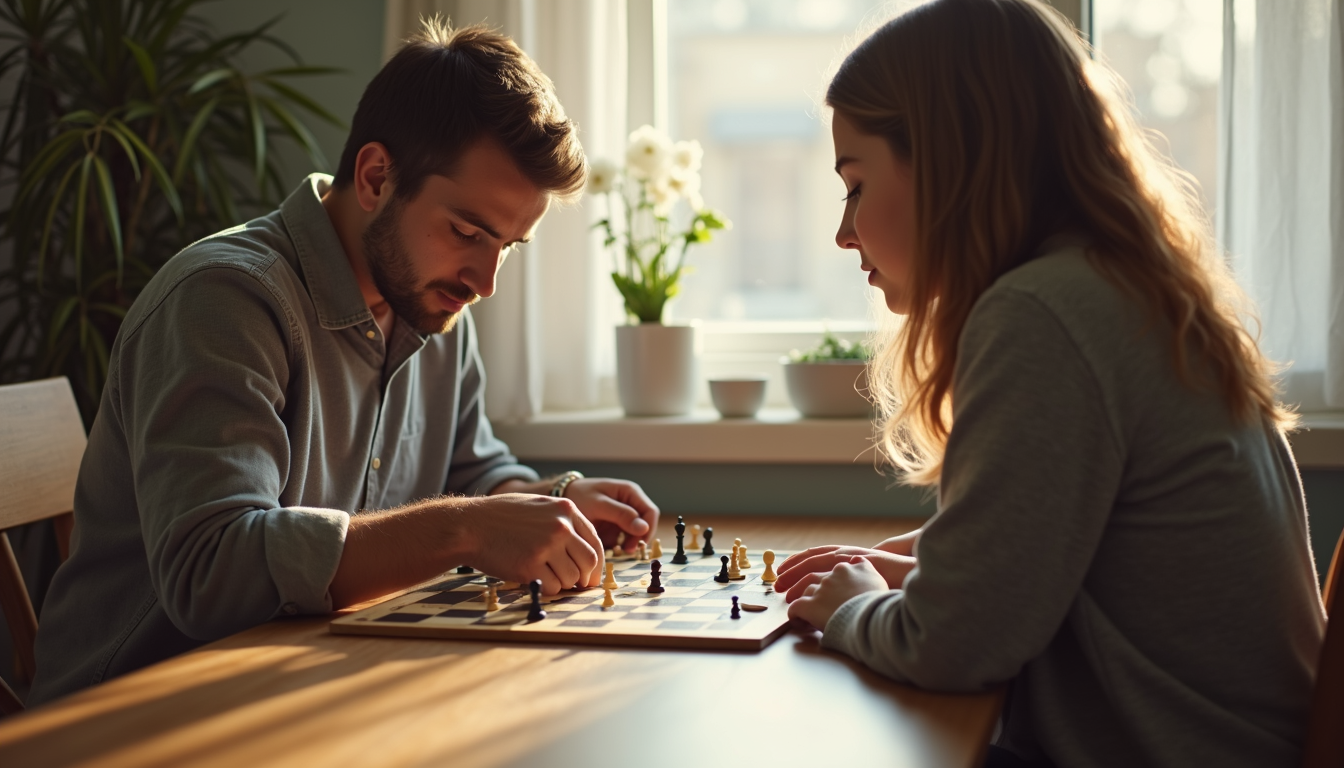 High angle view of a parent and child playing a board game together at a kitchen table
