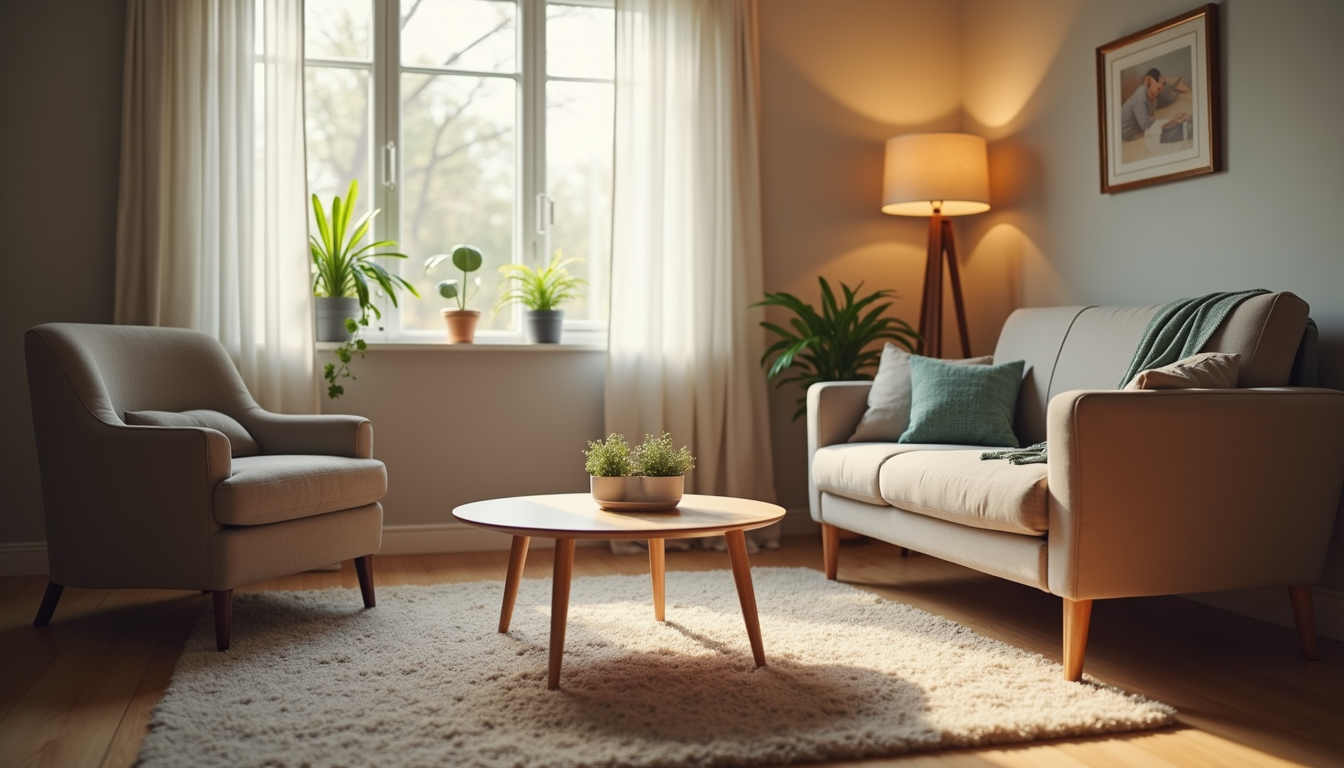 Eye-level view of a cozy room set up for a family counseling session