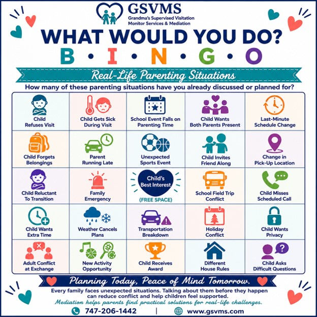 What Would You Do Co-Parenting BINGO card featuring real-life parenting scenarios about schedule conflicts, illness, transportation, activities, unexpected changes, and shared decisions.