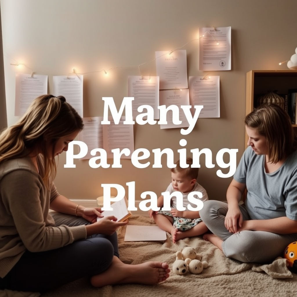 Two women reviewing parenting plan documents while seated on the floor with a baby beside a board displaying written pages.