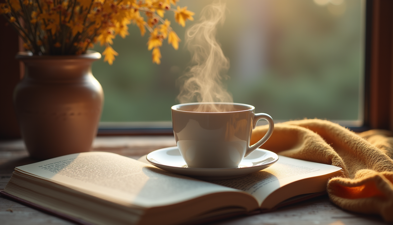 Eye-level view of a cozy corner with a steaming cup of tea and a book