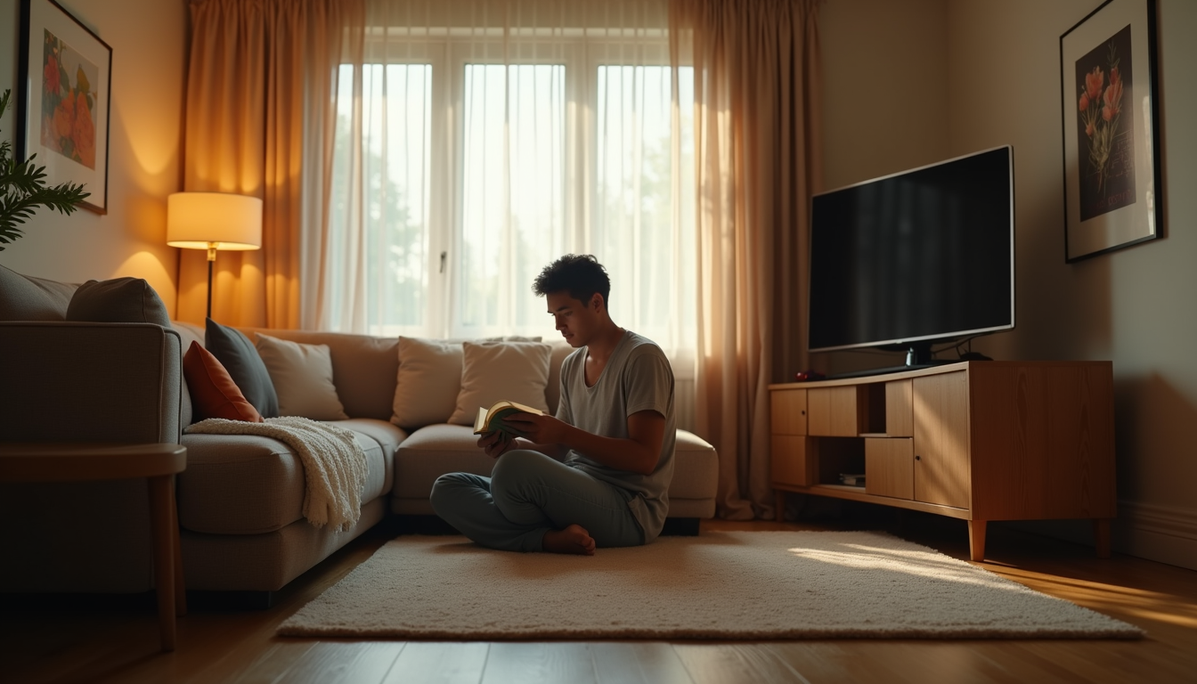 Eye-level view of a cozy living room with a single parent reading a book