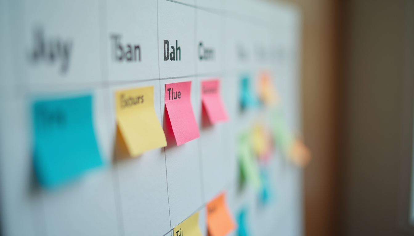 Close-up view of a family calendar with colorful notes and reminders