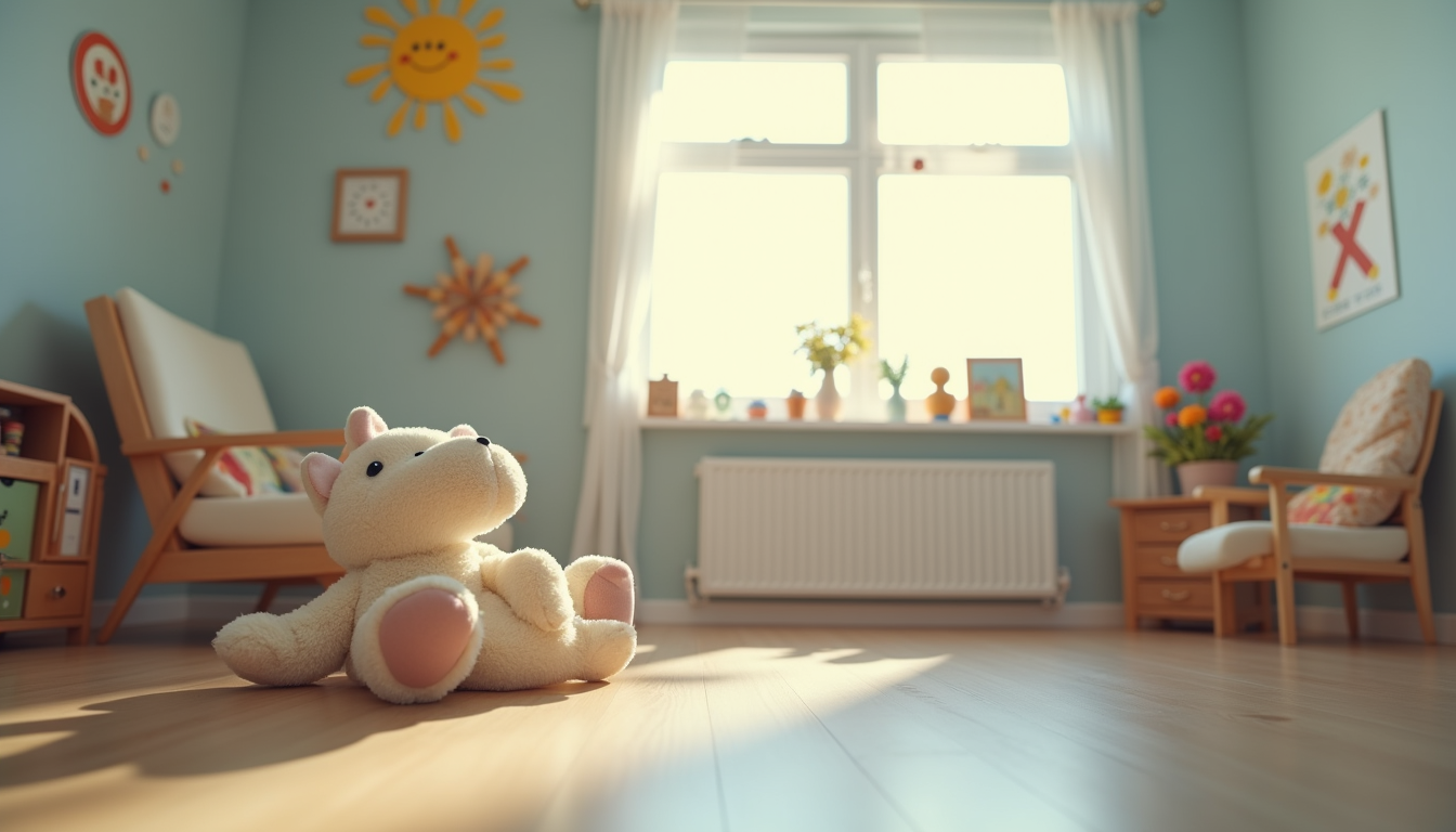 Close-up view of a visitation room with toys and child-friendly decorations