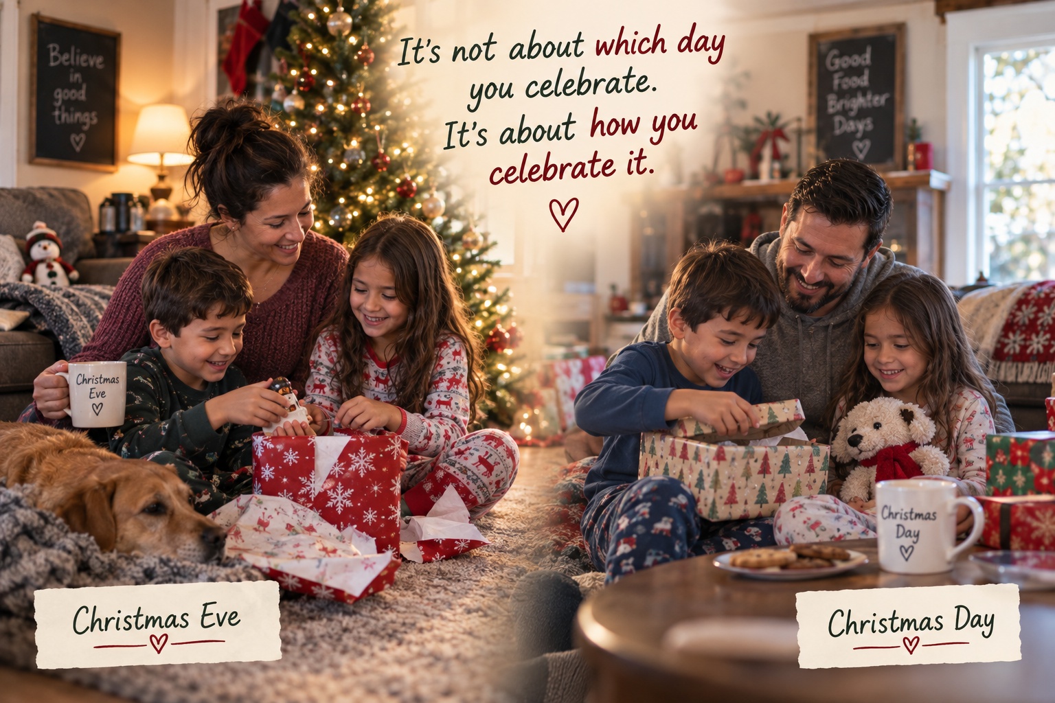 Children celebrating Christmas with each parent on different holiday days, illustrating how a holiday schedule can divide special-day parenting time.