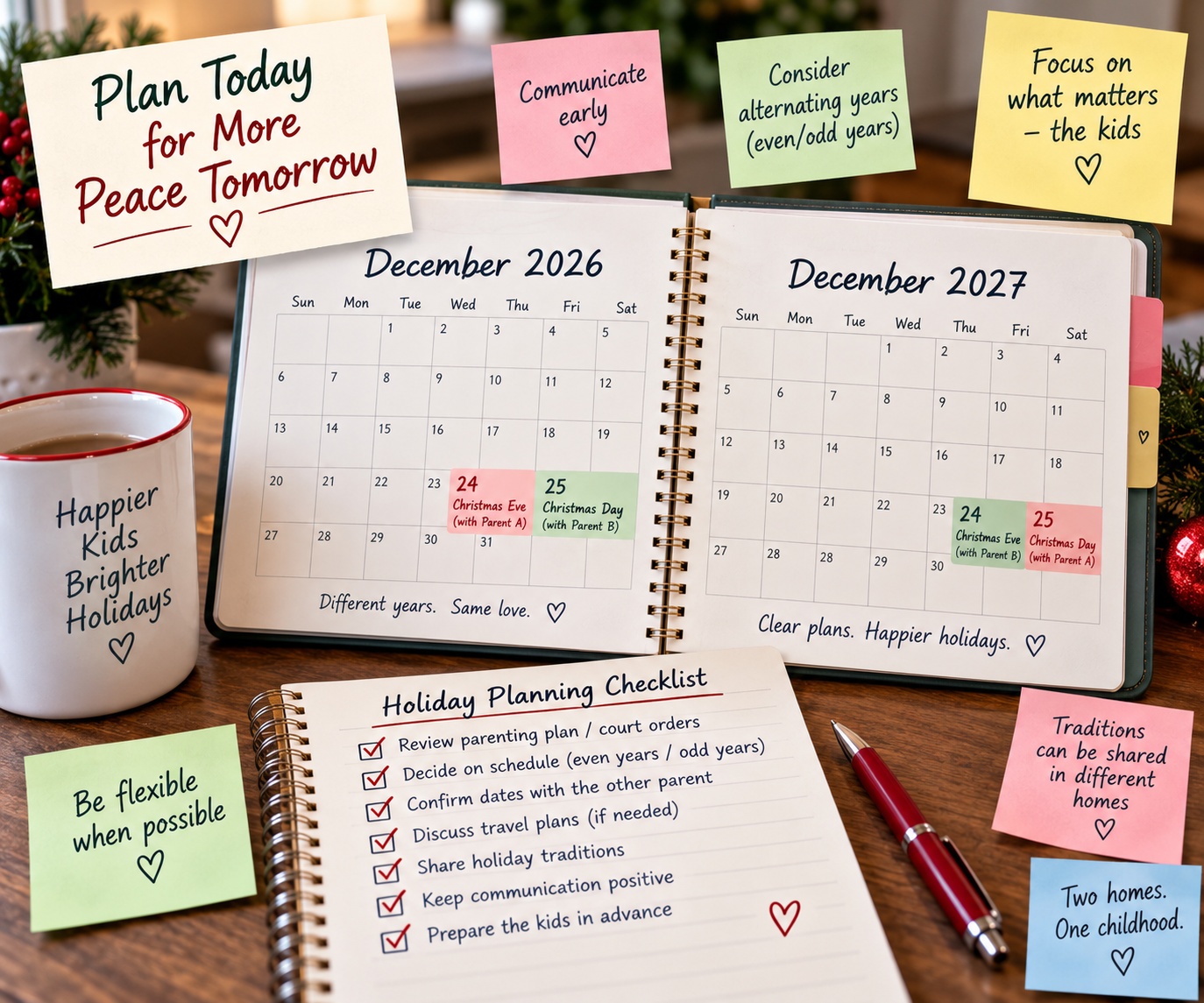 Holiday planning calendar showing odd- and even-year parenting-time arrangements for special days.