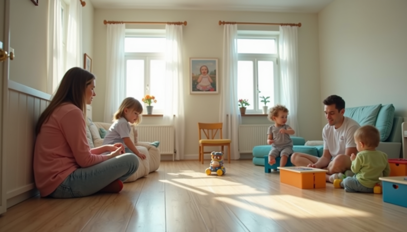 Eye-level view of a calm visitation room with toys and seating arranged for child and parent interaction