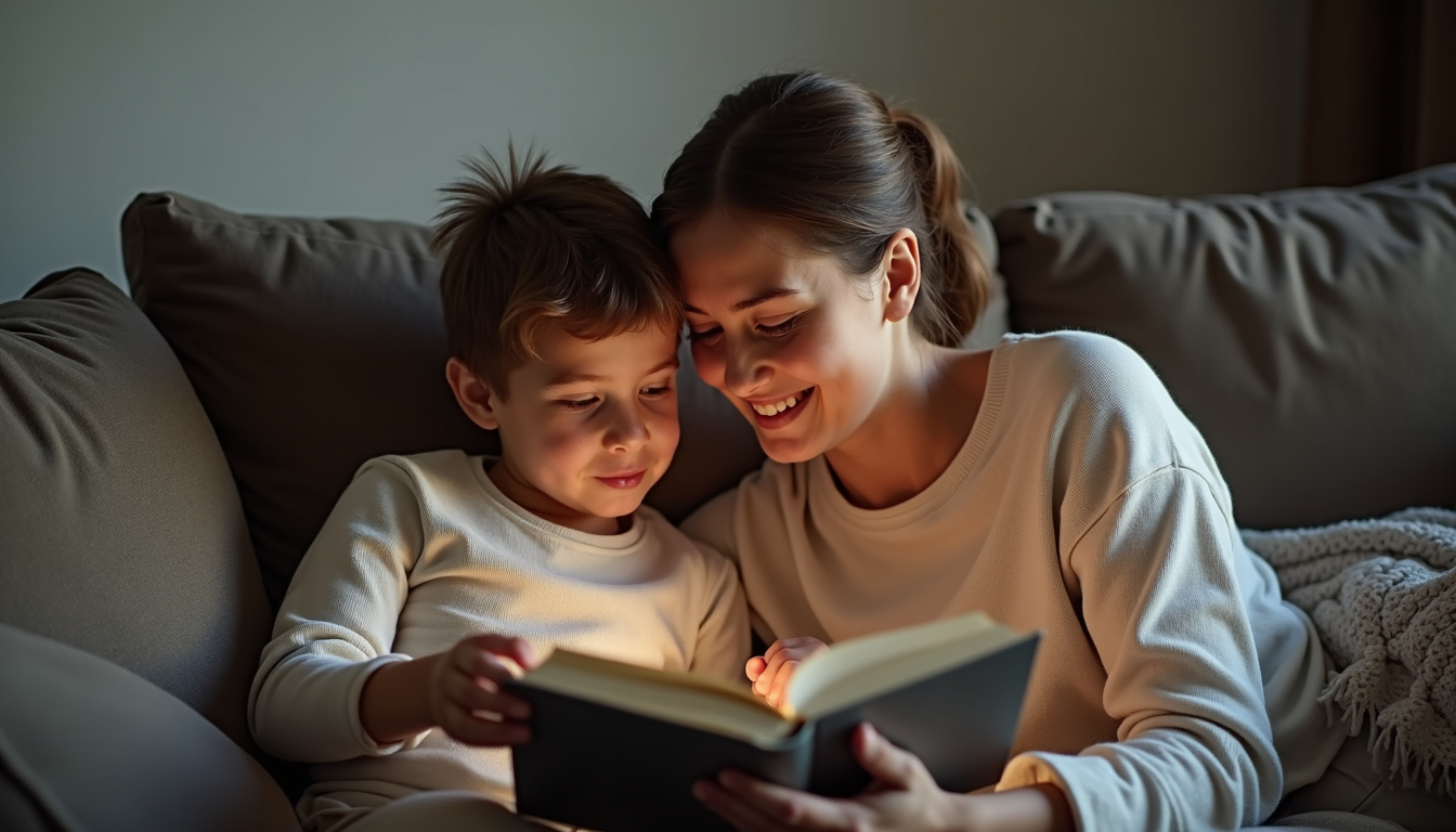 High angle view of a parent and child reading a book together on a couch