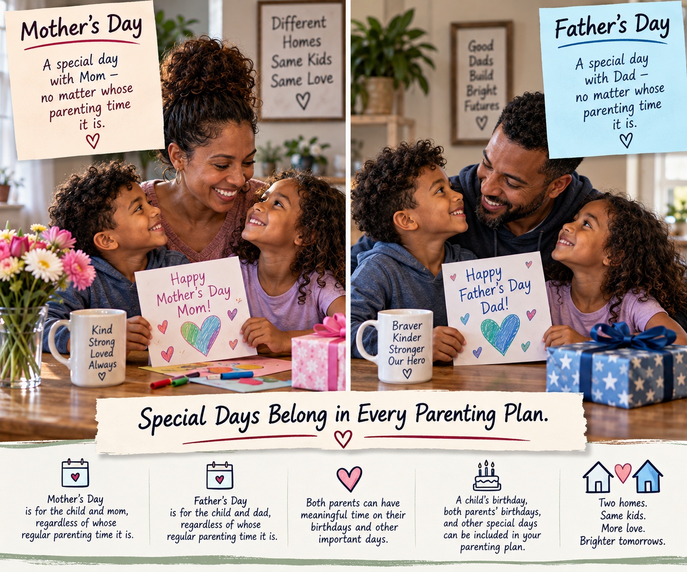 Two children spending Mother’s Day and Father’s Day with the designated parent, showing how special family days can take priority over the regular parenting schedule.