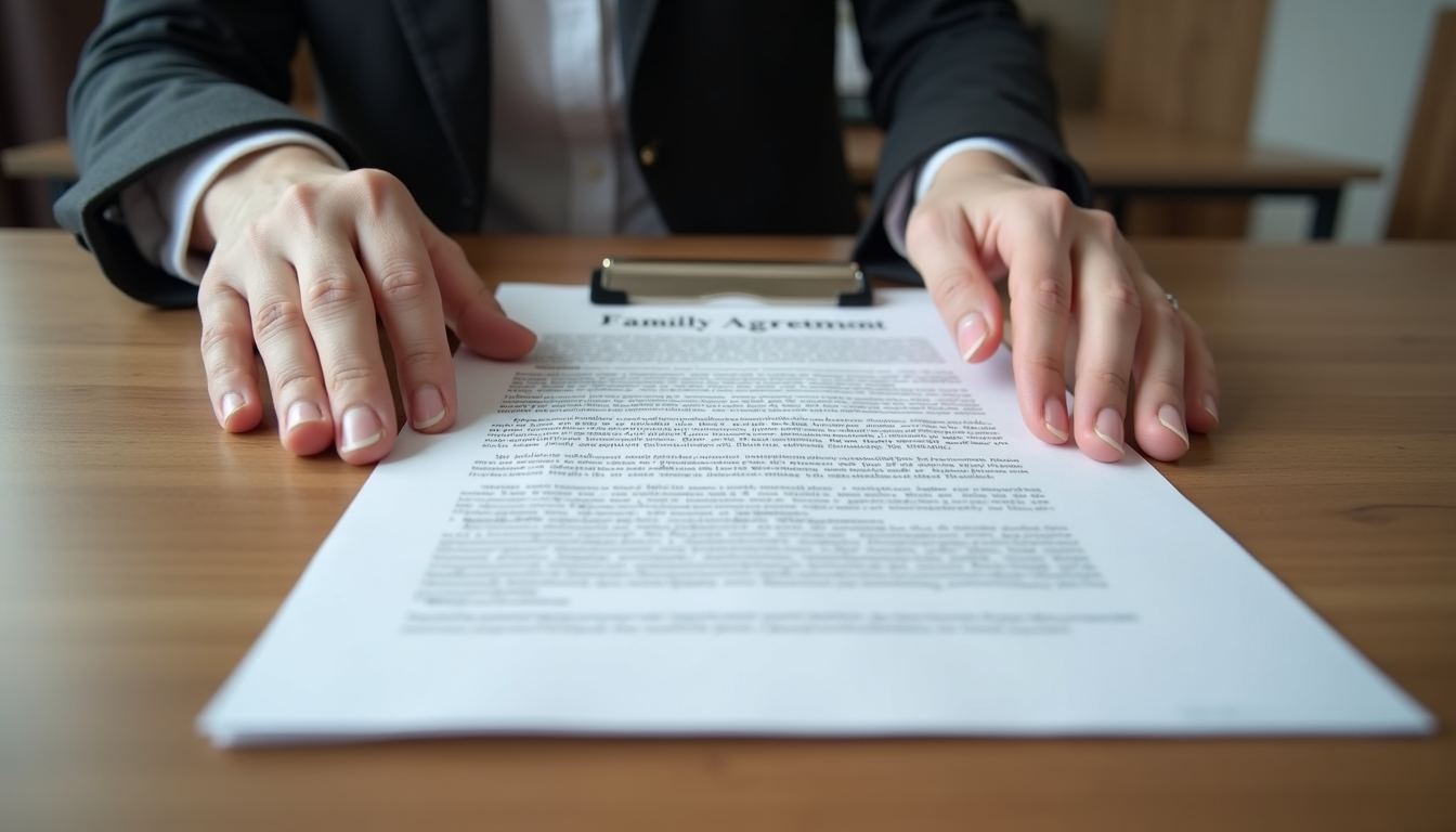 Close-up view of hands gently holding a family agreement document