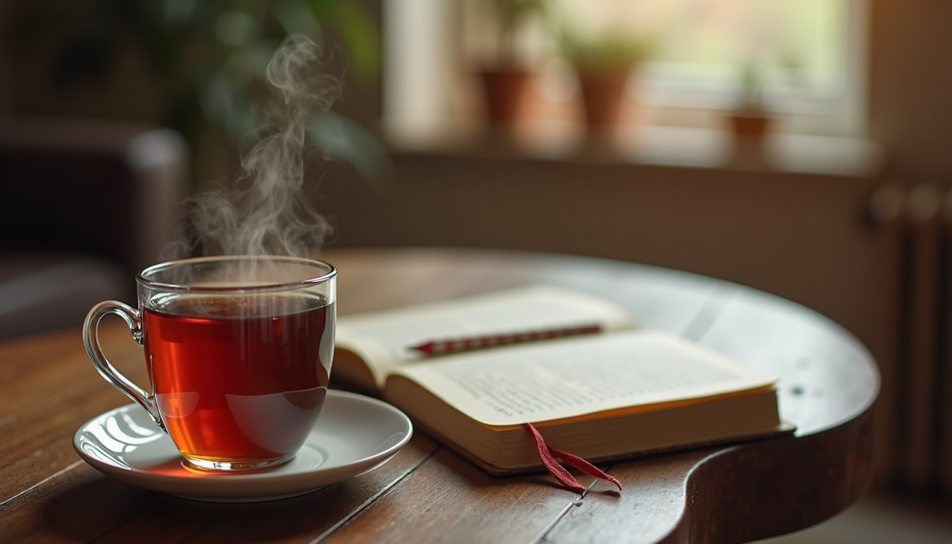 Eye-level view of a cozy corner with a steaming cup of tea and a journal on a wooden table