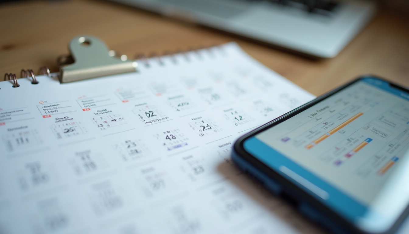 Close-up view of a calendar and a smartphone displaying a shared schedule