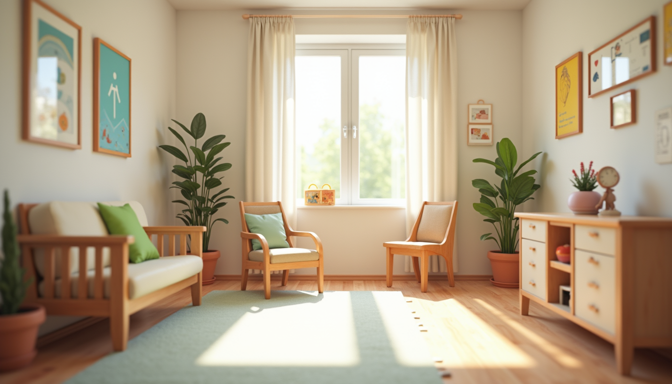 Eye-level view of a calm, child-friendly supervised visit room with toys and seating