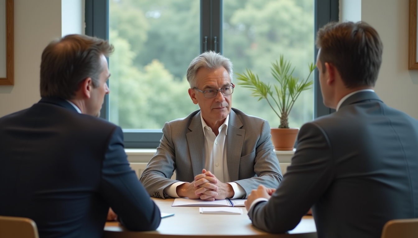Close-up view of a mediation session with two adults and a mediator at a round table