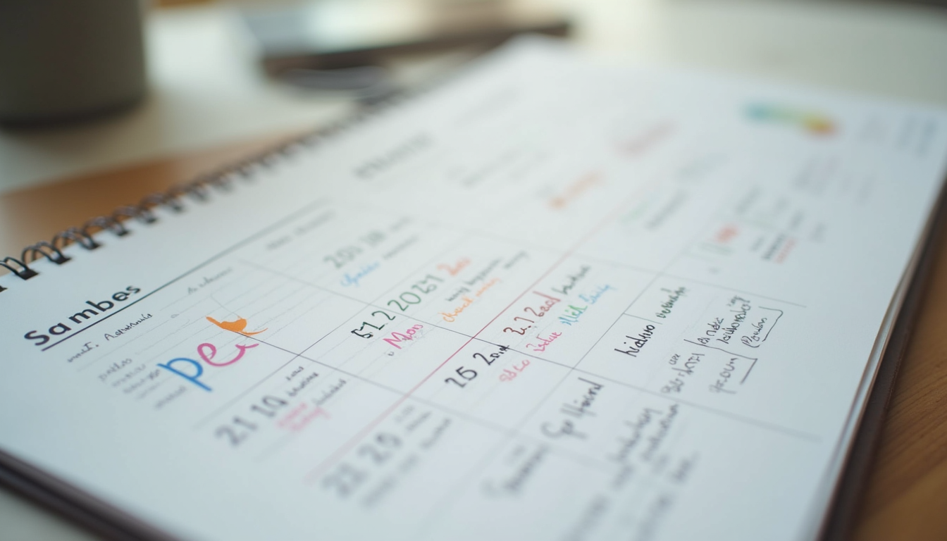 Close-up view of a calendar with co-parenting schedule notes