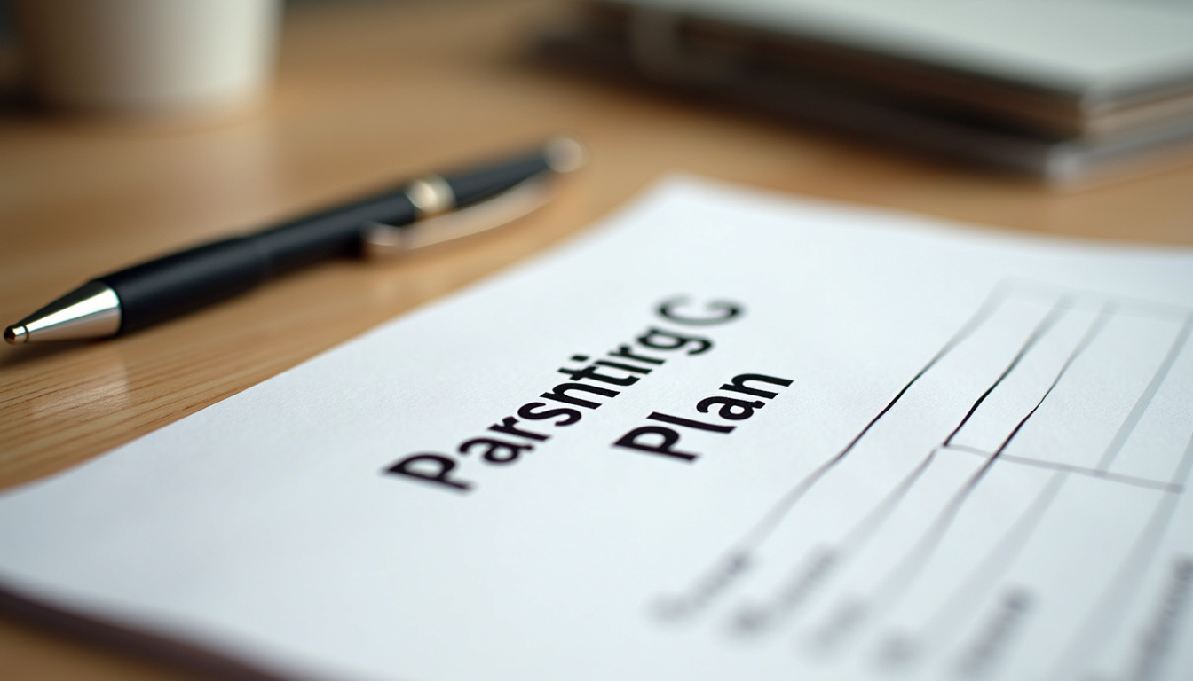 Close-up view of a parenting plan document with a pen on a wooden table