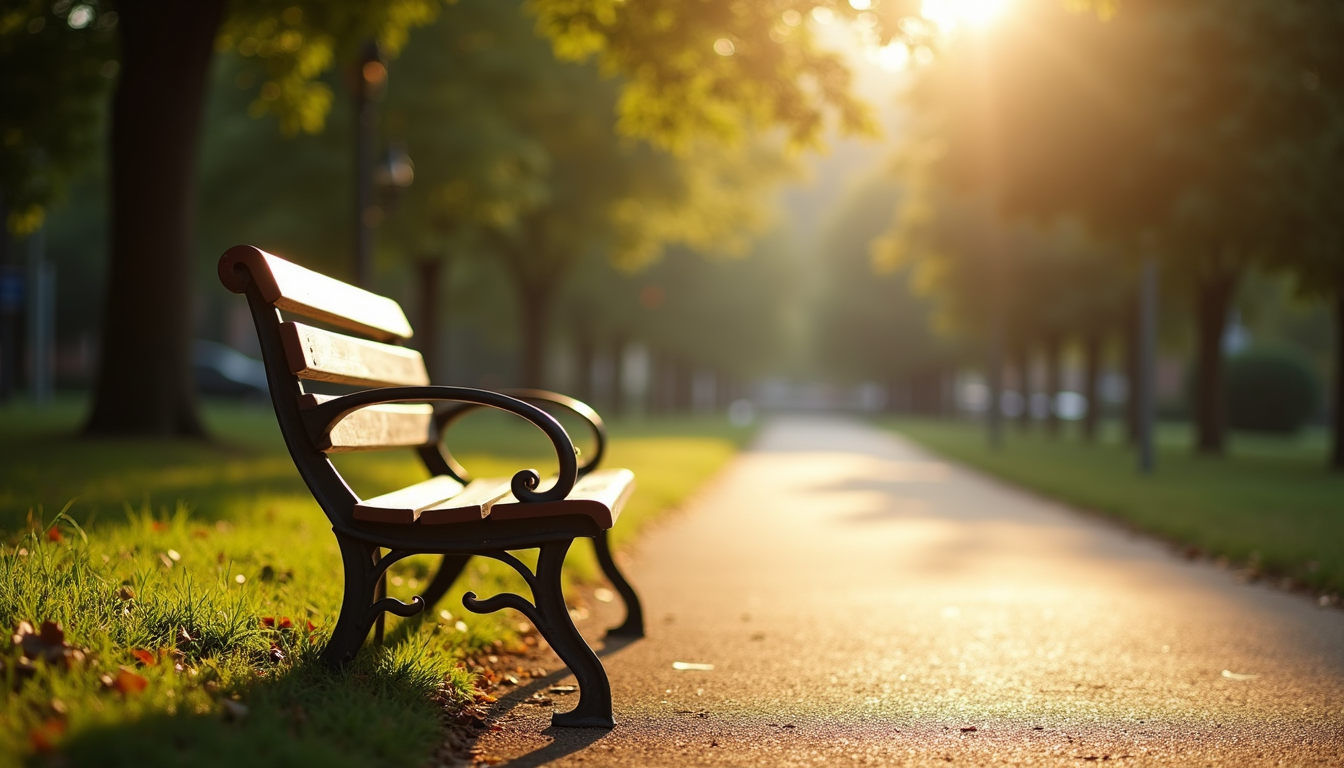 Eye-level view of a quiet park bench under soft sunlight