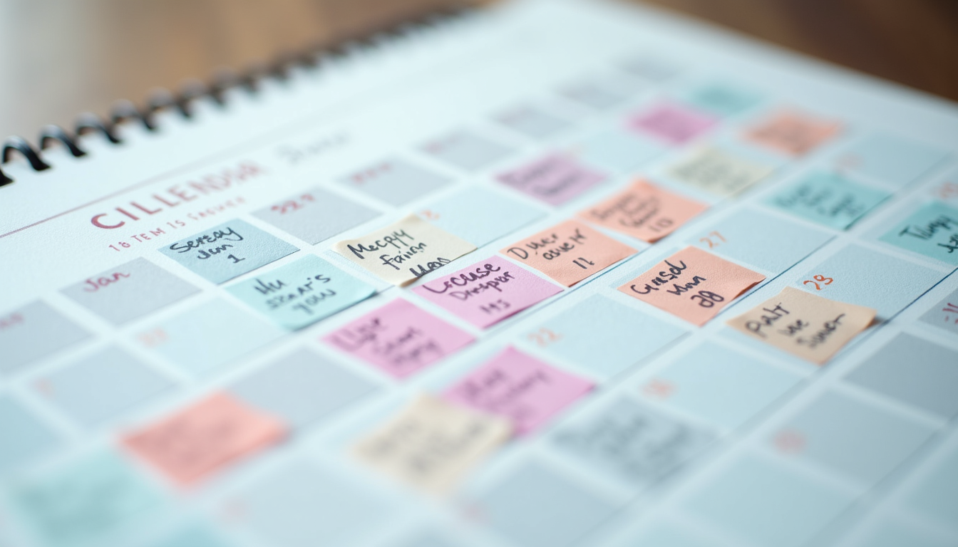 Close-up view of a calendar with scheduled self-care time highlighted in bright colors