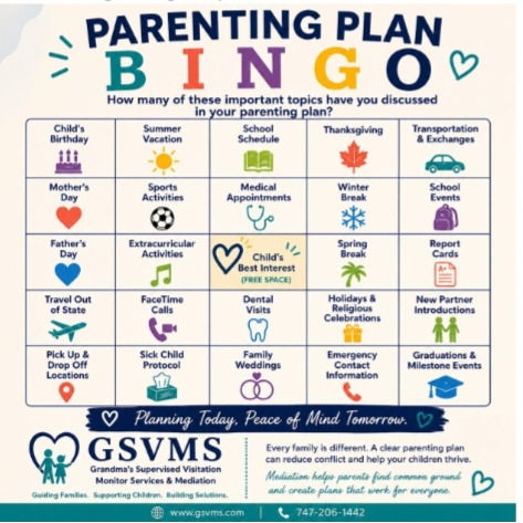 Parenting Plan Bingo - check how many squres you hae already accomplished - Chidrens best interest 
