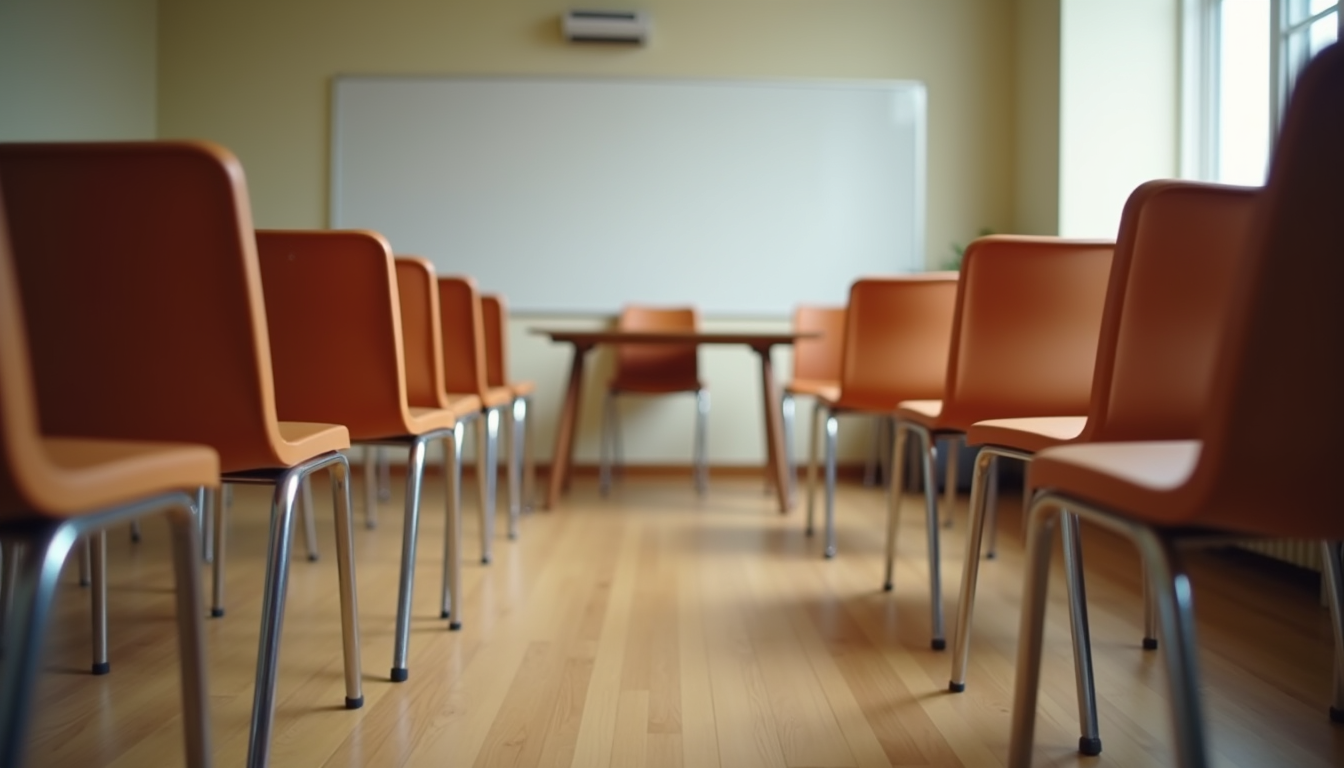 Eye-level view of a cozy classroom setting with chairs arranged in a circle