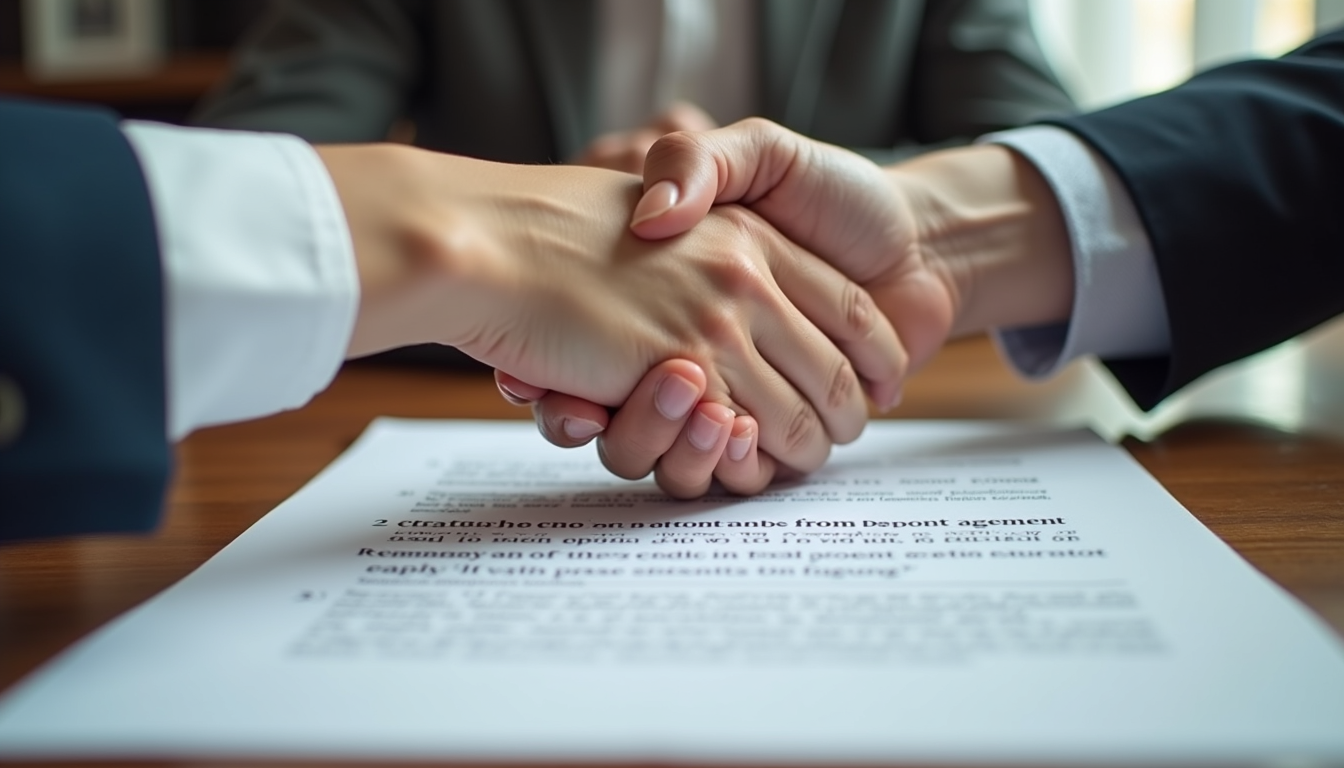 Close-up view of two hands shaking over a co-parenting agreement document