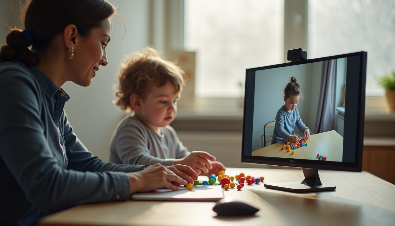 Close-up view of a visitation monitor gently observing a parent and child playing with toys