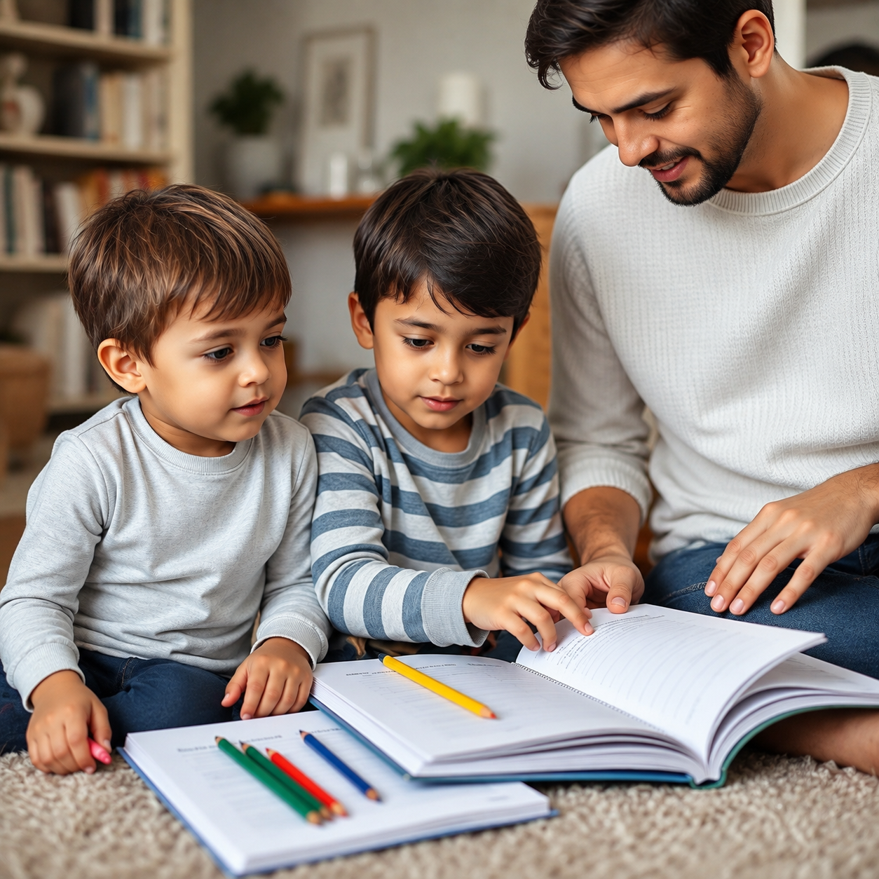 Father helping two young children with schoolwork at home, illustrating everyday parenting decisions about education and routines.