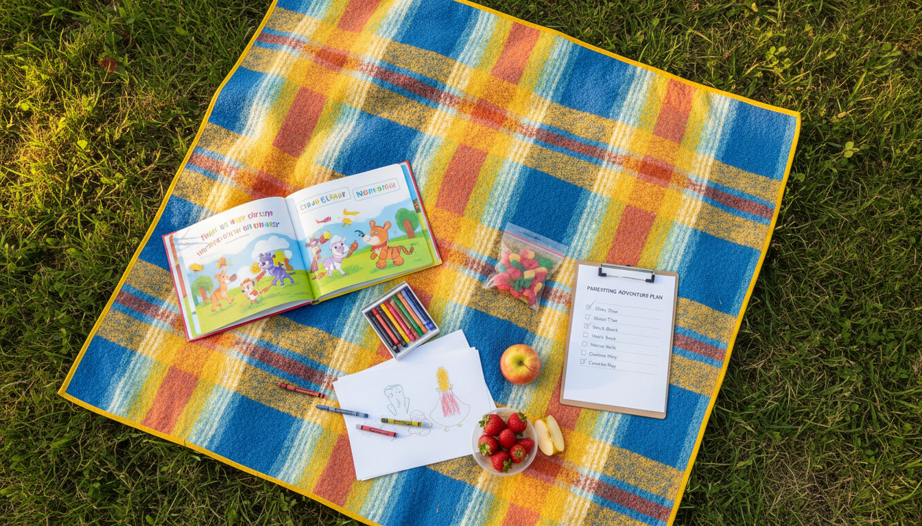 Overhead view of a picnic blanket with snacks, a child’s book, and a clipboard holding a parenting plan checklist.