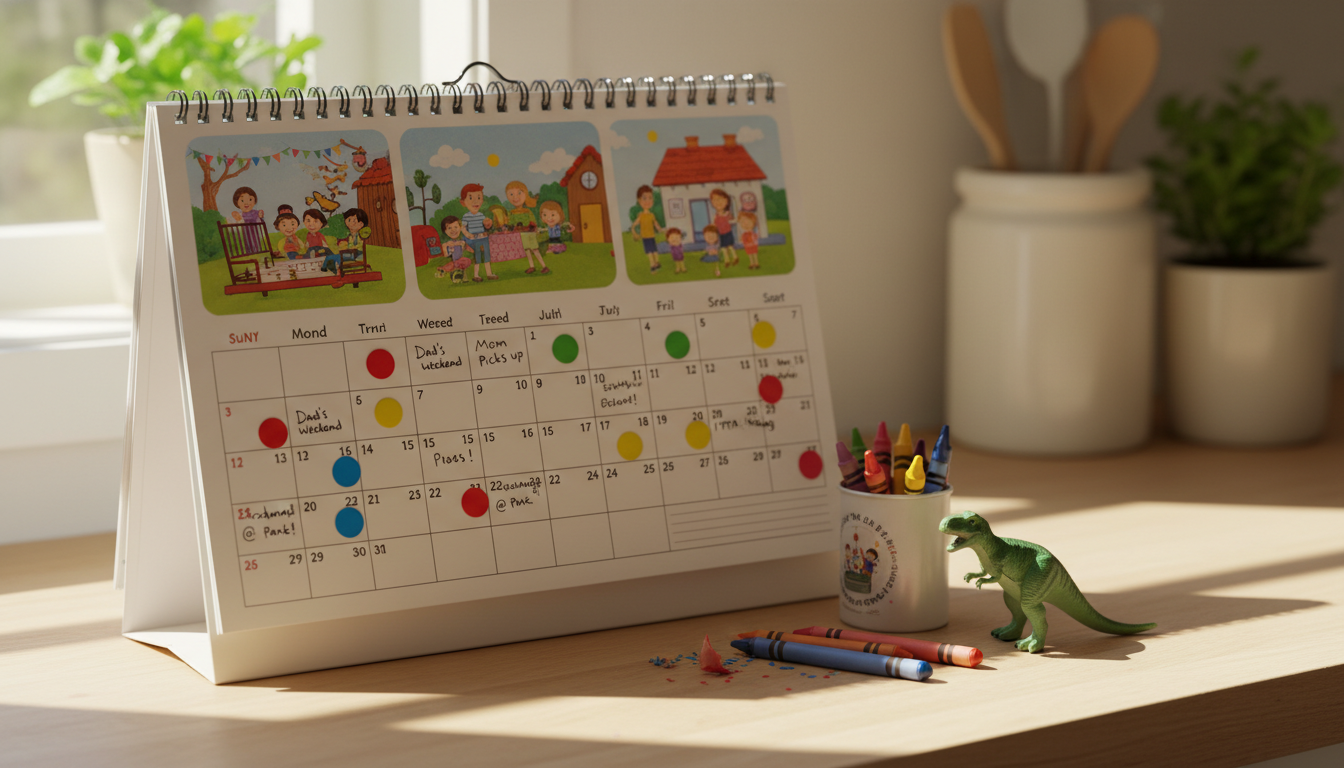 Eye-level view of a family calendar with colorful stickers and child-friendly notes.
